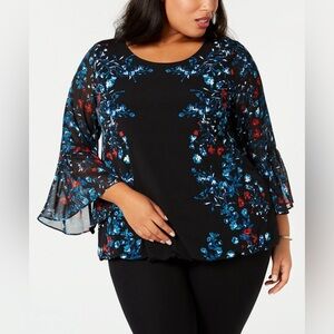 Alfani Black Floral Bell-Sleeve Top with Blue and Red Print